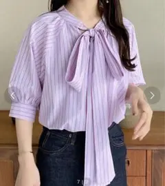 パフスリーブストライプブラウス