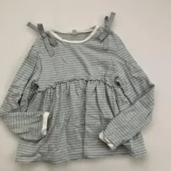 リボン付きグレーとグリーンのストライプ長袖カットソー　140