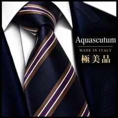 極美品✨ アクアスキュータム ネクタイ 光沢 ストライプ イタリア製 ネイビー