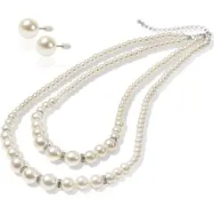 [LunArts] パールネックレス 2連 ピアス セット 8mm 真珠 結婚式