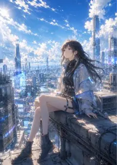 【イラスト】近未来都市と少女 アートポスター