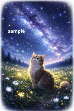 星空輝く草原と猫のプリントアート