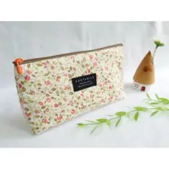 仕切り&ポケット付き万能ポーチ 通院・通帳・文具にも オレンジ系小花柄