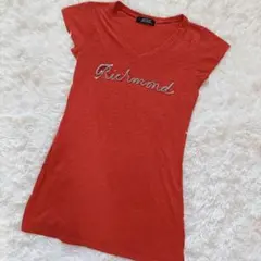 【美品】 oeillet ロゴ刺繍 Vネック 半袖 Tシャツ レッド Mのサムネイル