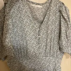 水色 小花柄 Vネック 半袖ワンピース Fサイズ