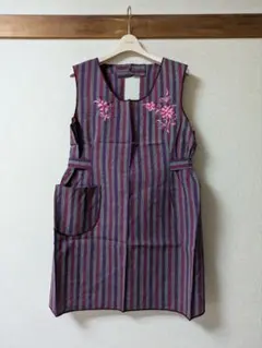 昭和レトロ 花刺繍エプロン 縦ストライプ レディース