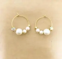 フープピアス　コットンパール　入学式　卒業式　綺麗　上品　ハンドメイド　入園式