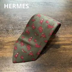 エルメス　HERMES オリーブグリーン シルク ネクタイ 動物柄