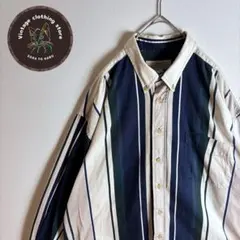 【長袖シャツ ストライプ マルチカラー ヴィンテージ感 古着 白青 緑】