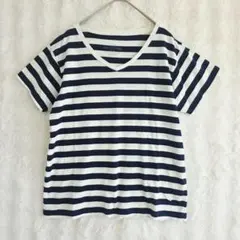 coen ボーダーTシャツ M Vネック 綿100% ネイビー 半袖