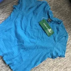 SHEIN EZwear 青 リブ編み フリル袖 Tシャツ Lサイズ