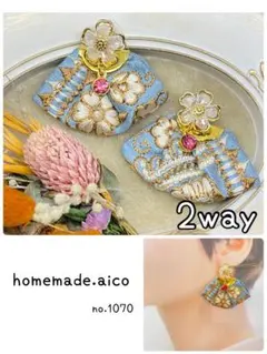 2way ピアス お花 揺れるチャーム ゴールド 豪華なブルーインド刺繍リボン