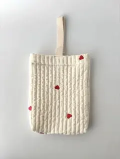 【SALE】ヌビバッグ◎アイボリー　ハート刺繍　シューズケース　通園　通学