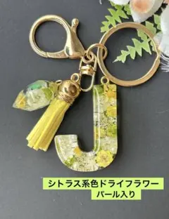 J イニシャルキーホルダー　シトラス色系ドライフラワー　パール入り　レジン