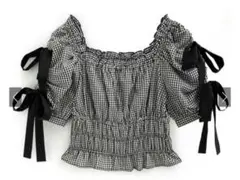 ギンガムチェック柄リボンフリルギャザーブラウス