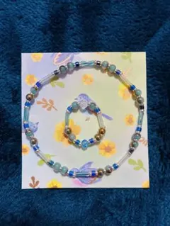 伸縮性あり青と緑のビーズブレスレット・リングセット