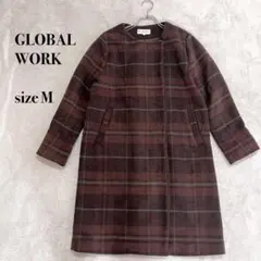 .GLOBAL WORK ブラウンチェック柄ロングコート サイズMのサムネイル