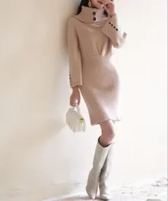 SAISON DE PAPILLON 3way ネック膝上丈ニットワンピース