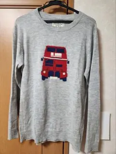 バス刺繍 グレー 長袖ニットセーター