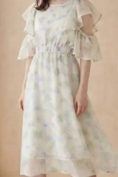 【美品】花柄 シフォン ワンピース フレア袖 Vネック/Lサイズ