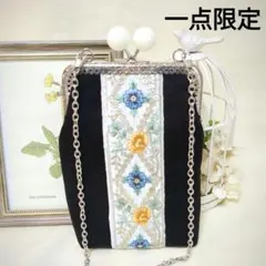インド刺繍リボン♥大きめがま口スマホポシェット*アメ玉*ハンドメイド