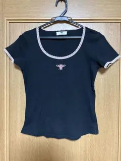 VIVAYOU 半袖Tシャツ ブラック ピンク刺繍 レース　チビT 綿100%のサムネイル
