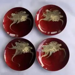 漆器 銘々皿 4枚セット 朱塗り 金彩 獅子