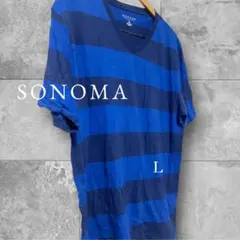ソノマ/ブルーボーダーＶネックゆったり半袖ＴシャツＬ青紺綿夏カジュアル体型カバーのサムネイル