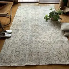 132.5×206優しいメダリオン　クリーム×グリーン　トルコヴィンテージラグ