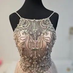 ビーズ刺繍 ピンク フレアドレス　ロング