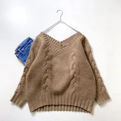 Spick & Span ウールケーブルプルオーバー Vネックニット ブラウンF