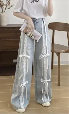 【タグ付き】リボンレースフリルワイドデニムパンツ[at2424]