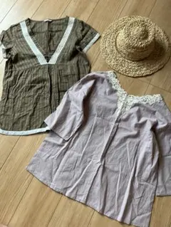 セット売り‼️破格　半袖　レース　ブラウス　ブラウン　パープル