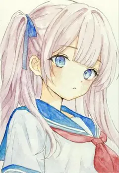 手描きイラスト 女の子 リボン ピンク髪 セーラー服