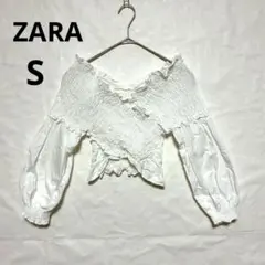 ZARA シャーリングクロスブラウス オフショル バルーンスリーブ 白 S