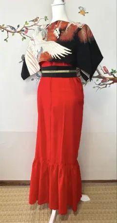 着物　リメイク　ロングワンピース　ポンチョ風ストール　セット