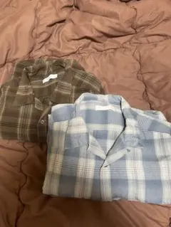 古着風デザイン　半袖開襟シャツ　ブラウン/ブルー　2枚セット