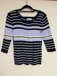 美品　AG by aquagirl ラメ入りボーダーリブニット 七分袖 ネイビー