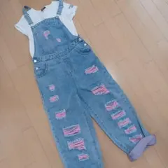 SHEIN ピンクダメージ加工 デニムオーバーオール (15Y)