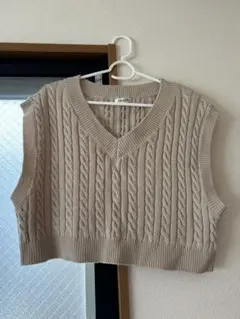 INGNIベージュ ケーブルニット Vネック ベスト