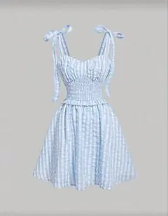 【水通しのみ未着用】可愛い水色チェック柄ドレス　Lサイズ