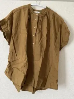 ユニクロ　UNIQLO リネン　半袖シャツ　くすみイエロー　ブラウン