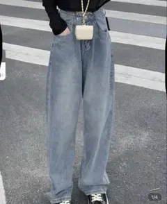 ライトブルーワイドレッグデニムパンツ SHEIN ストレートパンツ