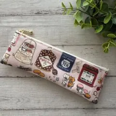 スリムペンケース　ペンケース　スリムポーチ　ハンドメイド　ねこ　紅茶猫　ピンク
