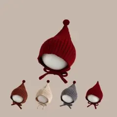 赤ちゃん 帽子 ボンネット ニット とんがり帽 ポンポン付き ベビー レッド