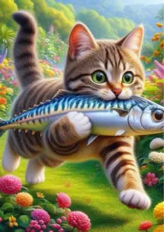 猫と魚のデジタルアート A