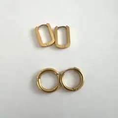 お得セット)ゴールド フープピアスと長方形ピアスセット