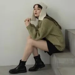 お値下げ　lawgy オリーブグリーン ケーブルニット パターンルースニット