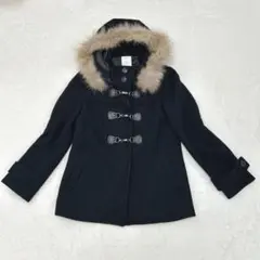 ルスーク◆ラクーンファー付き ダッフルコート/away フェイクレザー ブラック