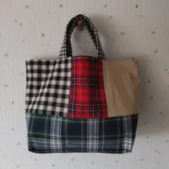 チェック× チェック、ハンドメイドトートバッグ